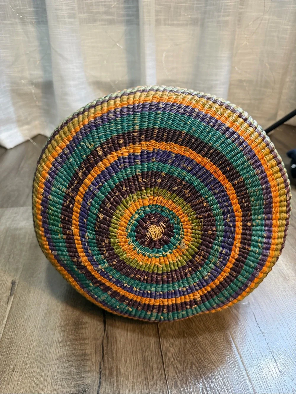 Large handmade vintage shopping basket with a leather handle.